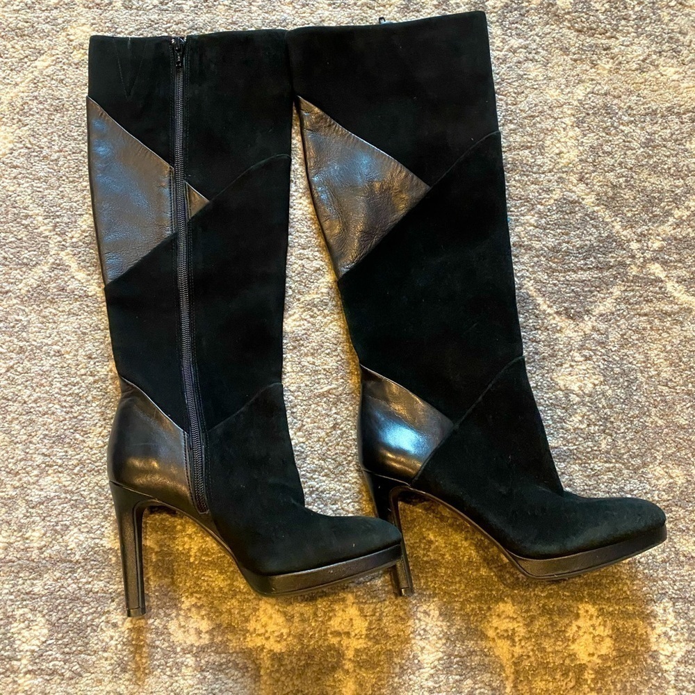 Antonio Melani black suede & leather twotone stiletto high heel boots, size 5.5